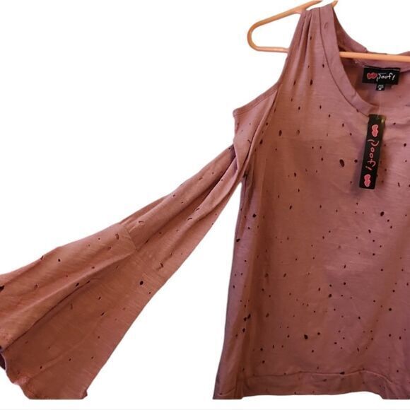 Poof! Womens Cold Shoulder Blouse with‎ Distressed Look - Picture 2 of 2